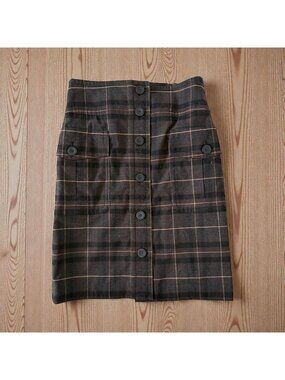 MAGASCHONI Brown Plaid Wool Blend High Waist Button Front Skirt Size 2